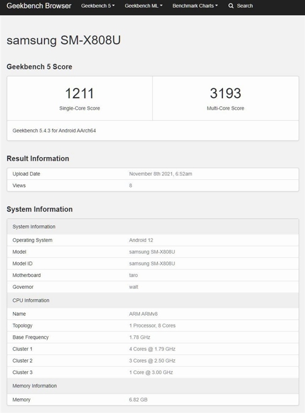 三星Galaxy Tab S8+跑分曝光:搭载超大核心频率达3.09GHZ