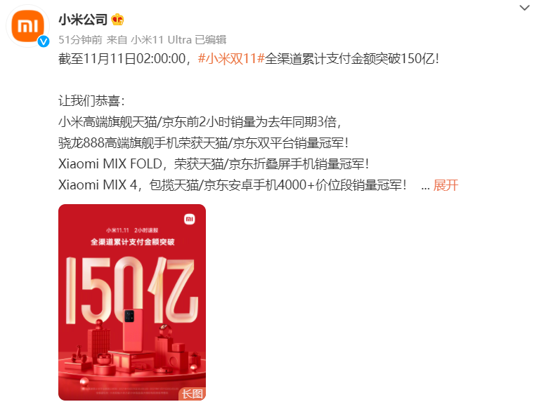 截至11月11日2点整 小米双11全渠道累计支付金额突破150亿