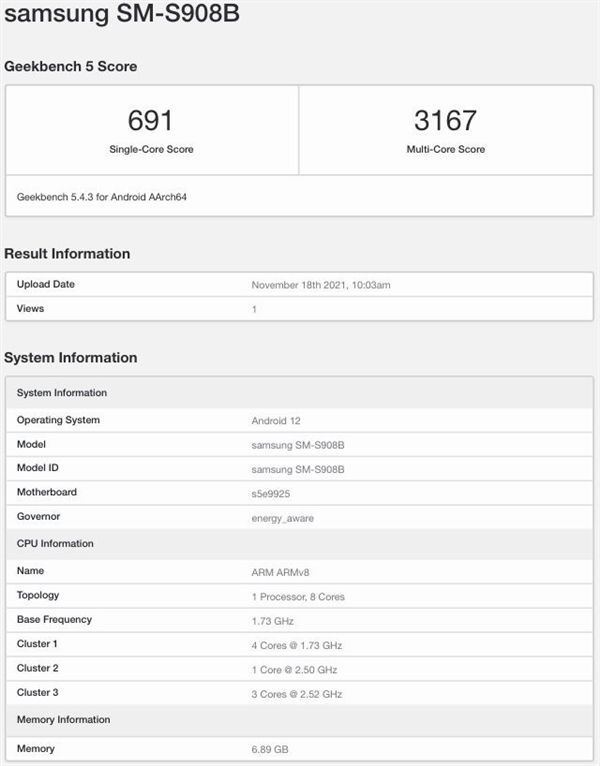 三星Exynos 2200跑分曝光：单核3167分性能较骁龙8 Gen1相去甚远