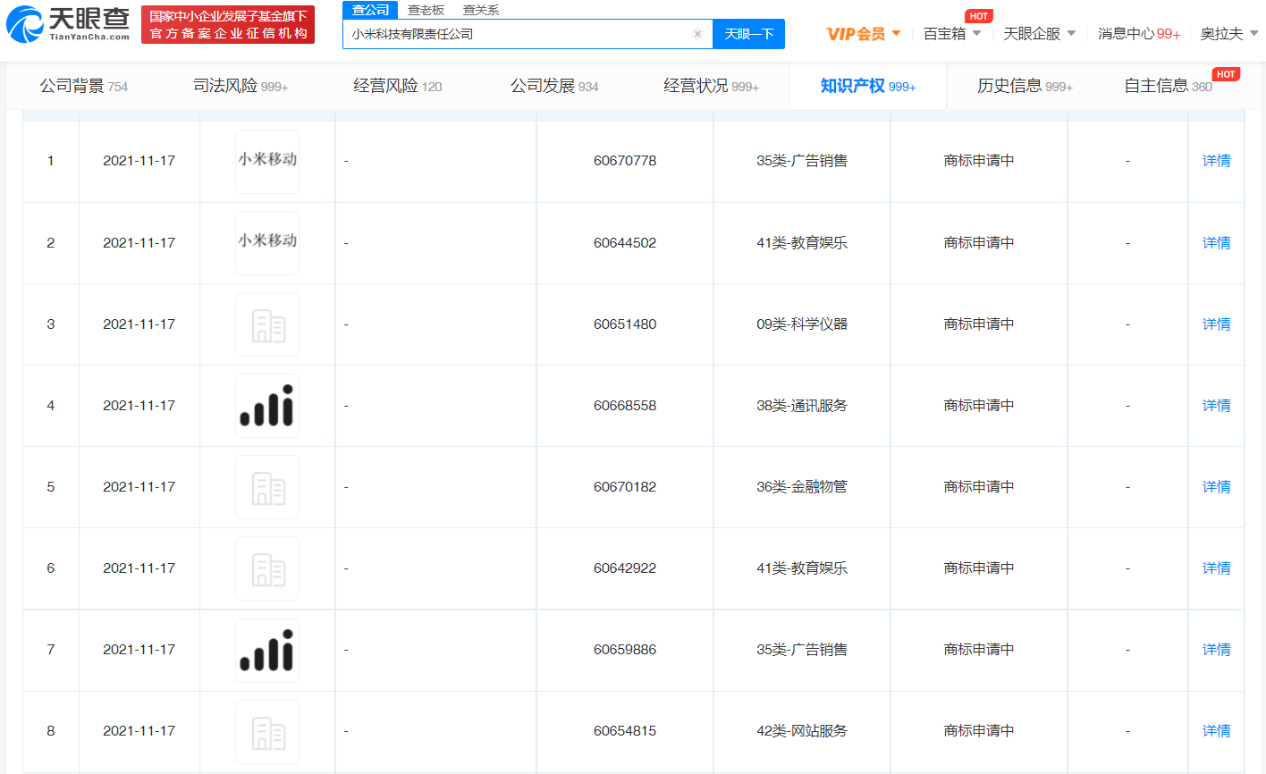 小米科技申请注册多项“小米移动”商标 商标状态均为“商标申请中”