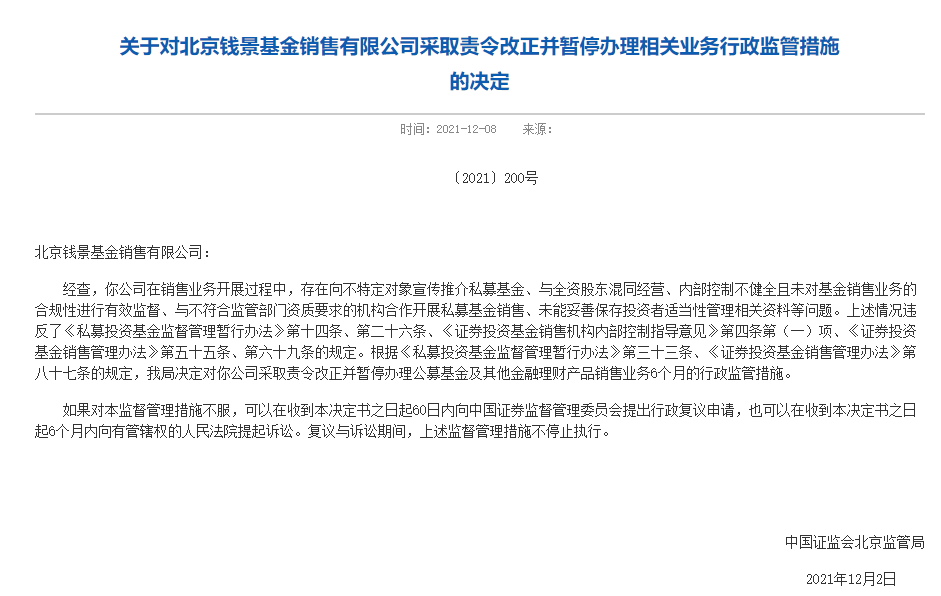 又一家基金销售机构被罚 多家基金公司暂停与北京钱景基金代销合作