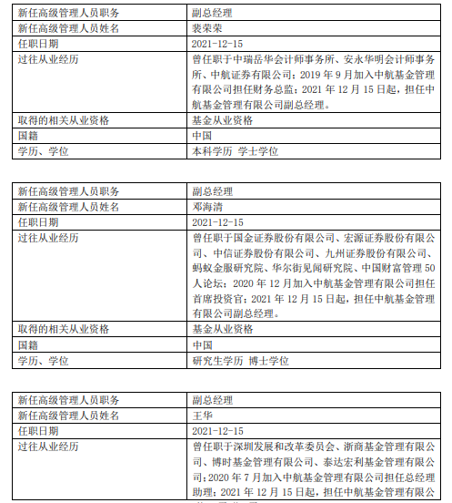 中航基金发布高级管理人员公告 同日新任3位副总经理