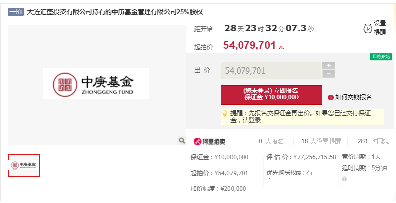 5400万起拍 中庚基金25%股权将于2022年1月19日开始拍卖