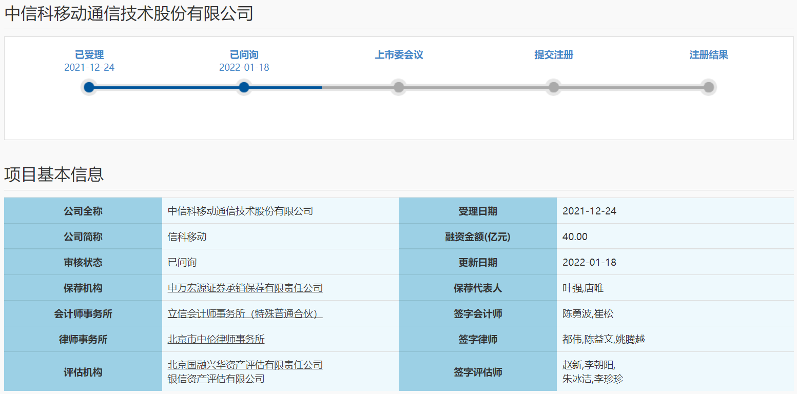 信科移动科创板IPO获上交所问询 募资拟用于补充流动资金