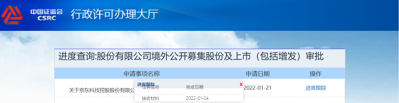 京东科技境外首次公开发行股份审批进度已达接收材料阶段