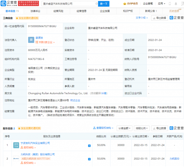 重庆睿蓝汽车科技有限公司成立 吉利、力帆科技共同持股