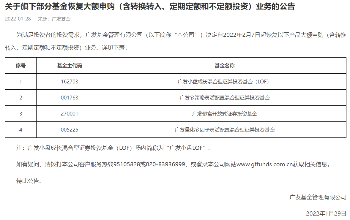 广发基金多只产品恢复大额申购 不少基金公司闻风而动