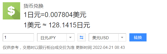 日元对美元汇率创20年新低 一美元报128.647日元创20年内新低